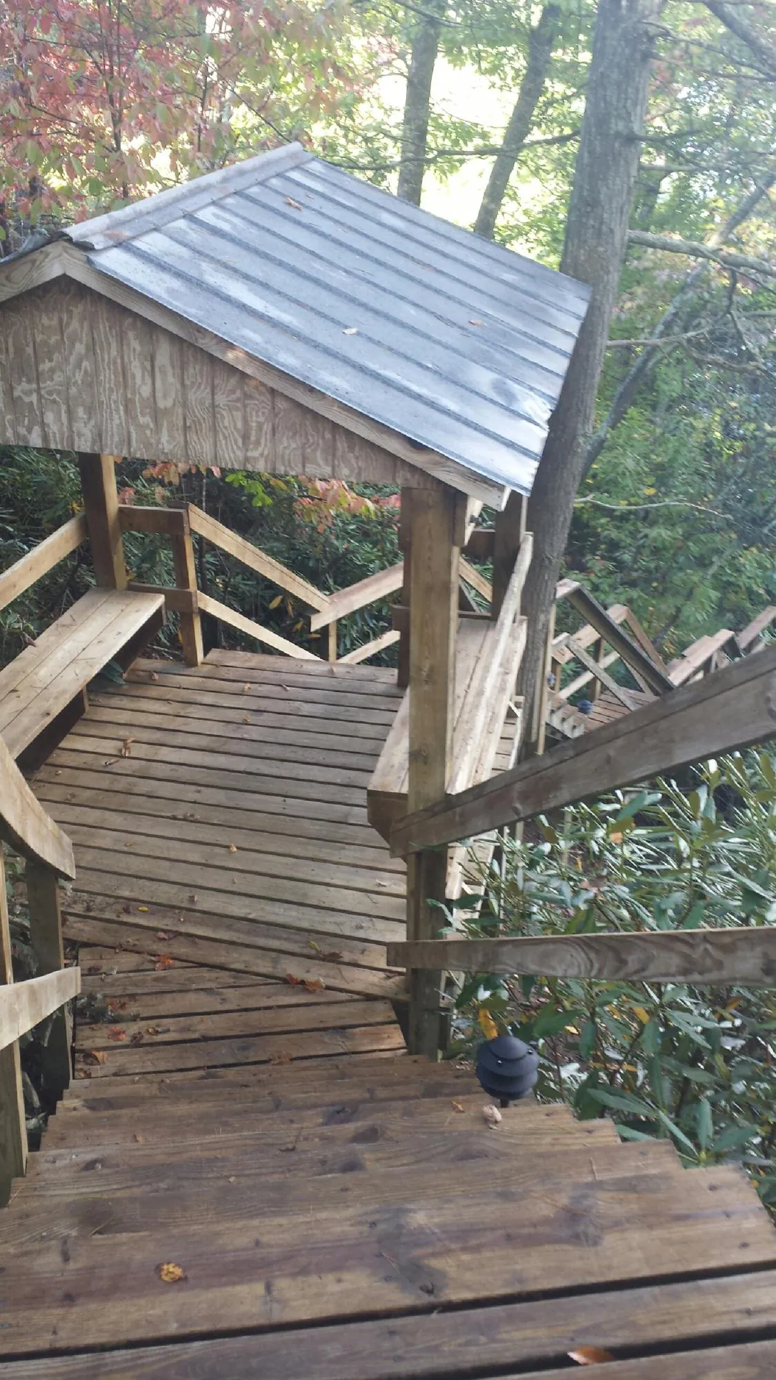 Metal roofed shelter over wooden steps on a wooded walkway — Skylight Repair & Installation work by our crew in Orgas